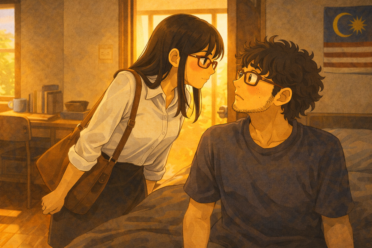 Early Monday morning — Mia by the door after kissing Faris, who sits on the bed looking baffled. Warm golden morning light. A moment of vulnerability.